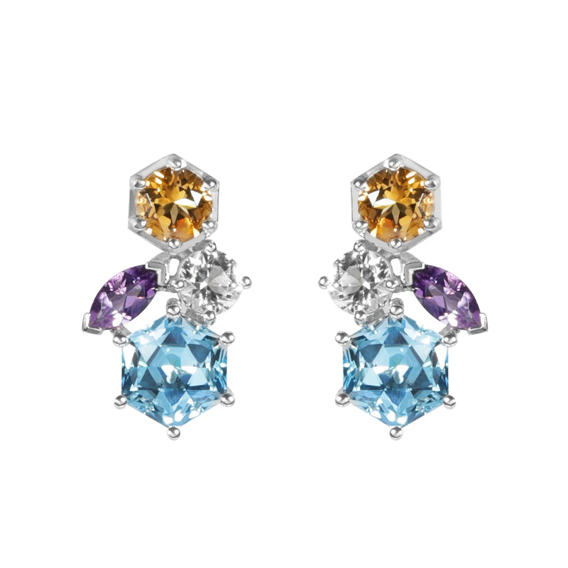 HEX 全天然宝石耳环 - 瑞士蓝托帕石, 黄水晶, 白托帕石, 紫水晶
