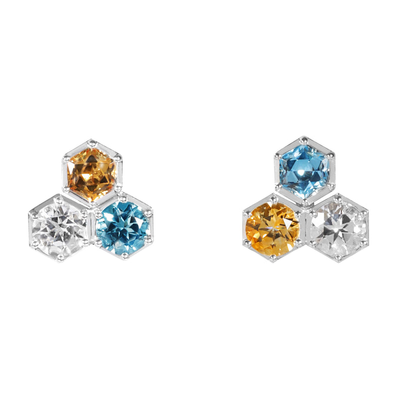 HEX 全天然宝石两用耳环 - 瑞士蓝托帕石, 黄水晶, 白托帕石