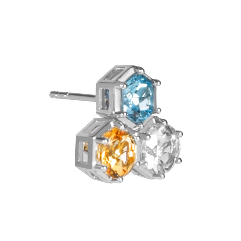 HEX 全天然宝石两用耳环 - 瑞士蓝托帕石, 黄水晶, 白托帕石
