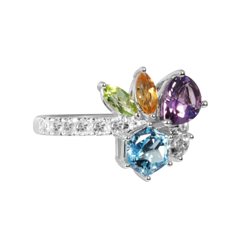 HEX 全天然宝石戒指 - 瑞士蓝托帕石, 紫水晶, 橄榄石, 黄水晶, 白托帕石
