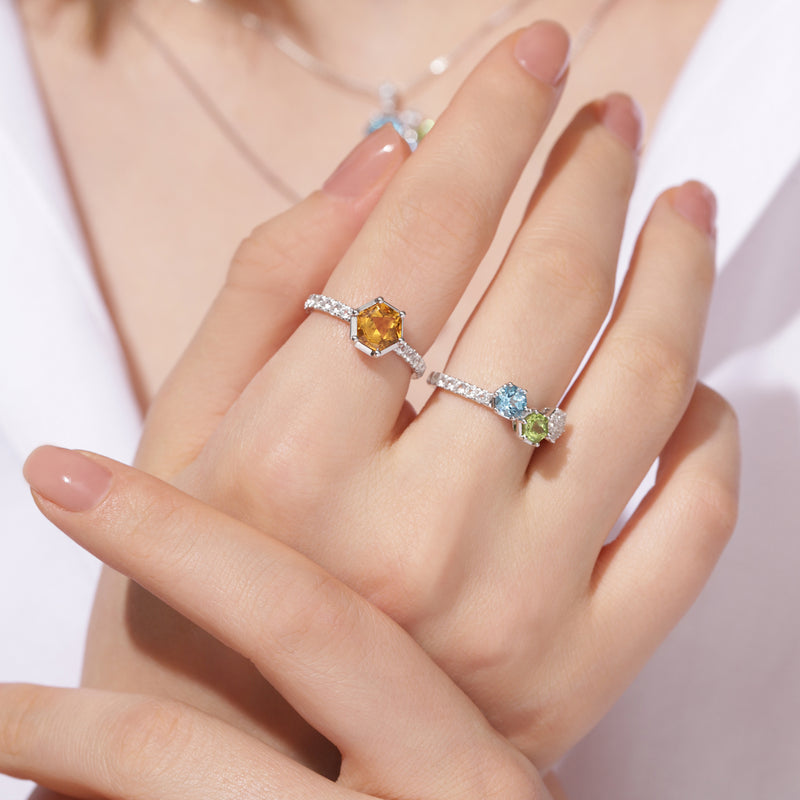 HEX 全天然宝石叠戴戒指 （2 件） - 黄水晶, 橄榄石, 瑞士蓝托帕石, 白托帕石