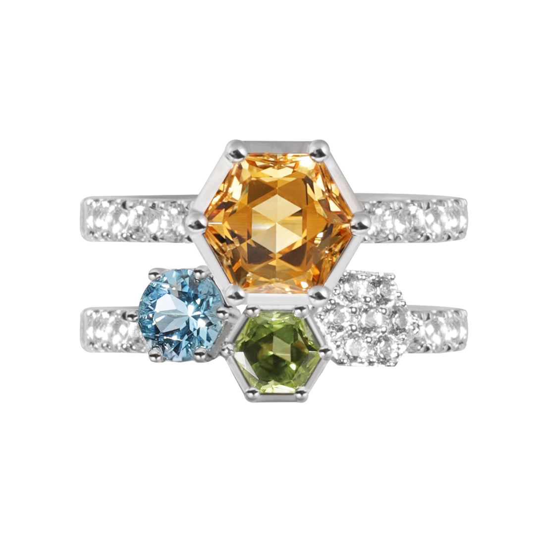 HEX Stack Rings (2 Rings) with Citrine, Peridot, Swiss Blue Topaz and White Topaz - ARTE Madrid