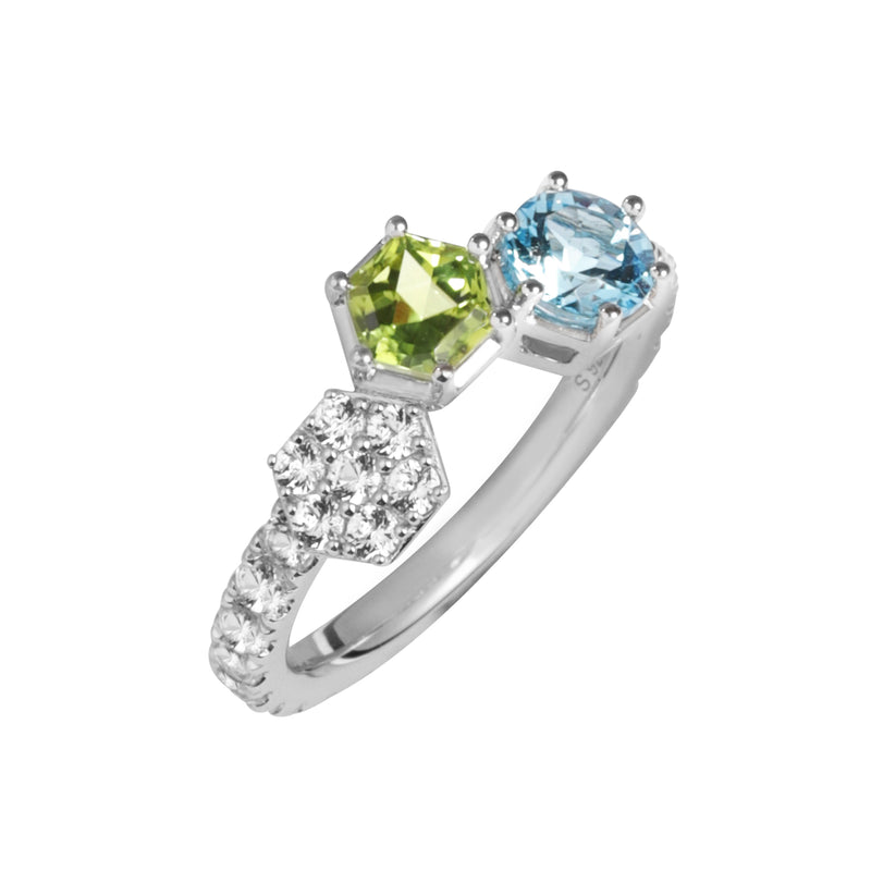 HEX Stack Rings (2 Rings) with Citrine, Peridot, Swiss Blue Topaz and White Topaz