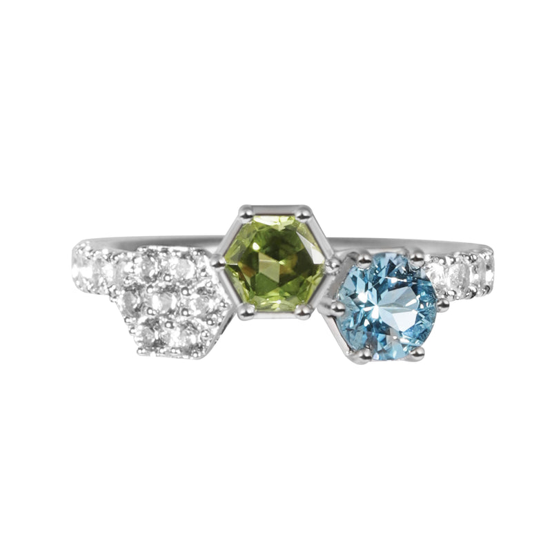 HEX 全天然宝石叠戴戒指 （2 件） - 黄水晶, 橄榄石, 瑞士蓝托帕石, 白托帕石
