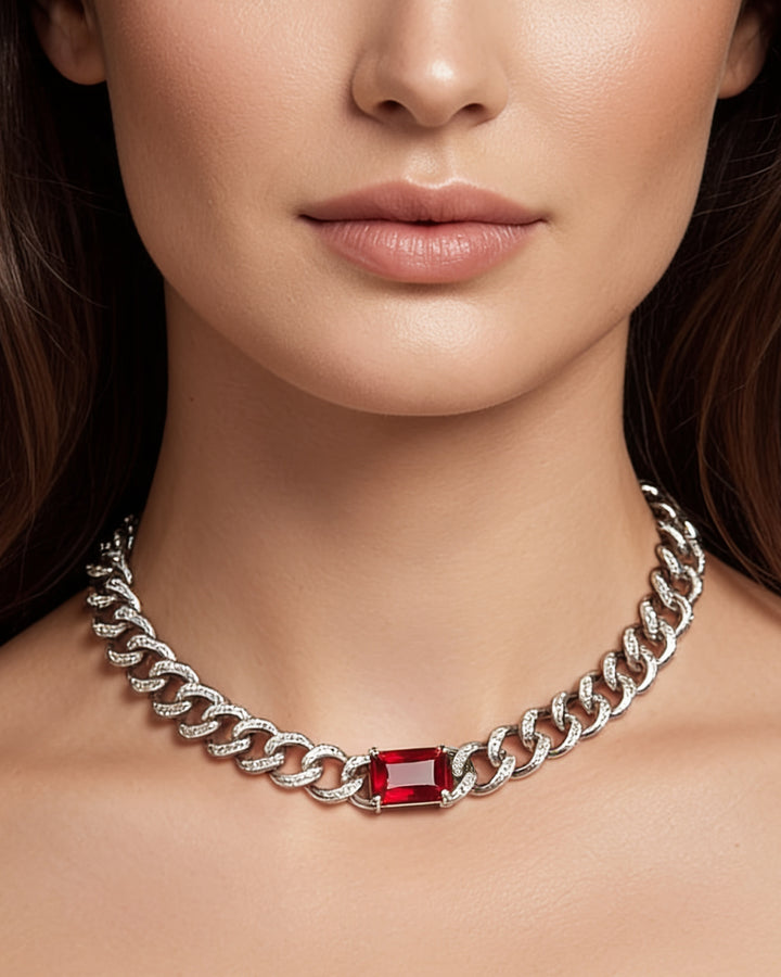 PET IT ON Cuban Chain Choker Necklace - Ruby Red - ARTĒ Madrid
